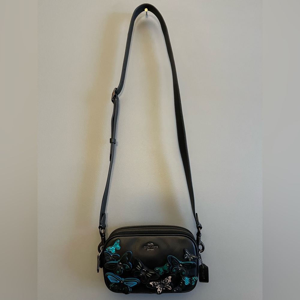 Coach Black Crossbody/Clutch with Hand Painted Teal, White & Black Butterflies